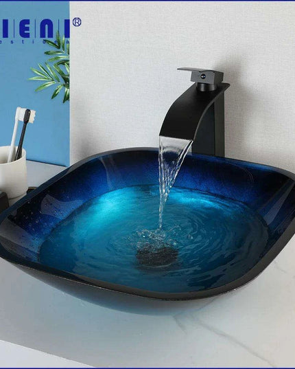Elegant Blue Glass Bathroom Sink Set with Waterfall and Stream Faucet - Chic Home Upgrade