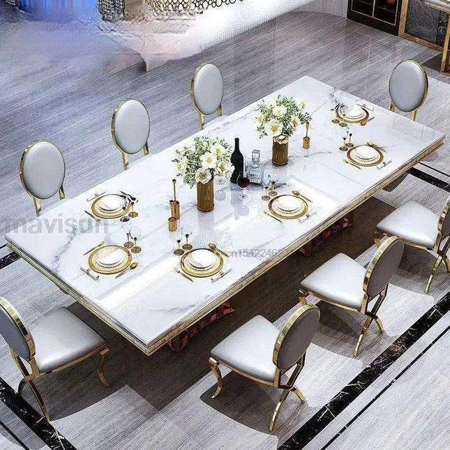 Exquisite Italian-Inspired White Marble Dining Set with Sleek Stainless Steel Chairs - Limited Edition