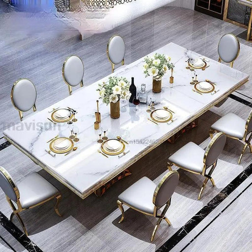 Elegant White Marble Dining Set with Stainless Steel Chairs - Premium Italian Design Collection