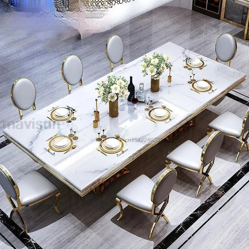 Elegant White Marble Dining Table Set with Stainless Steel Chairs - Contemporary Italian Design Collection