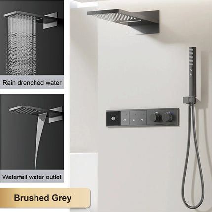 Gun Gray Brass LED Digital Display Thermostatic Shower Set Ceiling Mount Rain Shower Head Adjustable Slide Bar Bathroom Faucet gun-gray-brass-led-digital-display-thermostatic-shower-set-ceiling-mount-rain-shower-head-adjustable-slide-bar-bathroom-faucet
