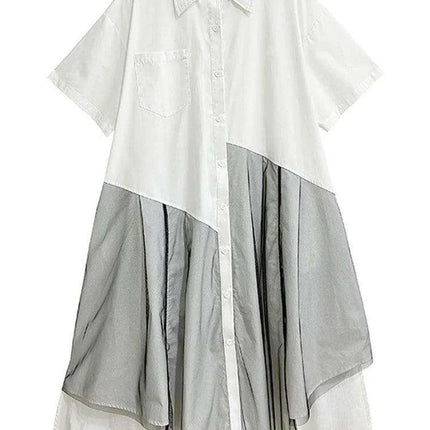 Trendy Plus Size White Mesh Shirt Dress with Irregular Splicing – Short Sleeve Fashion for Spring/Summer 2024