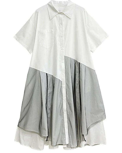 Trendy Plus Size White Mesh Shirt Dress with Irregular Splicing – Short Sleeve Fashion for Spring/Summer 2024