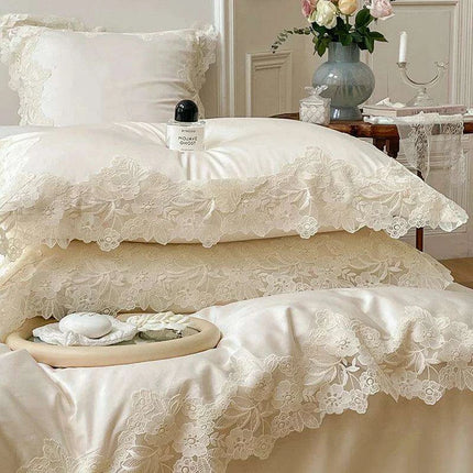 Romantic Chic French Lace Bedding Ensemble - Luxurious 1000TC Egyptian Cotton Duvet Cover, Sheets & Pillowcases Set