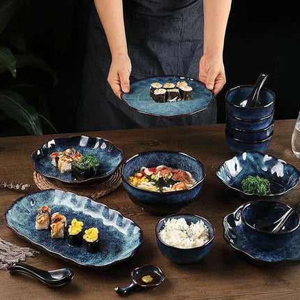 Elegant Nordic Blue Stoneware Dining Set - Safe for Microwave and Dishwasher