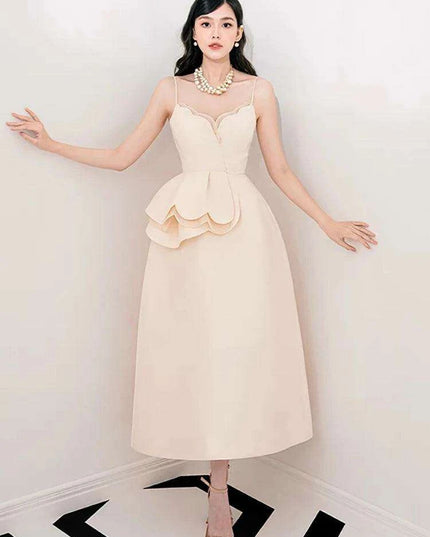 Elegant Apricot Velvet A-Line Slip Dress with Wave Hem Detail