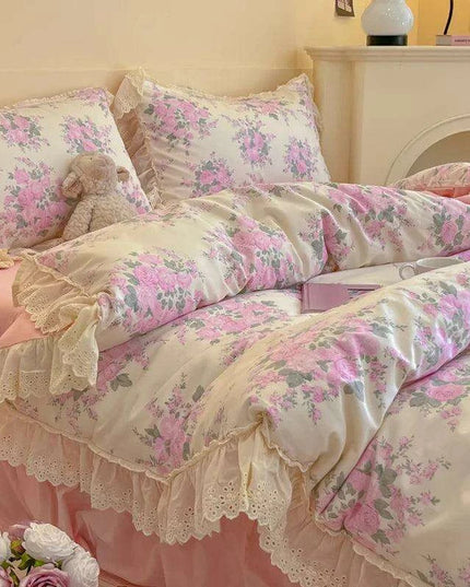 Korean Princess Floral Lace Ruffle Cotton Bedding Collection - Luxurious Single/Queen Duvet Cover, Sheet, and Pillowcase Set (3/4 Pieces)