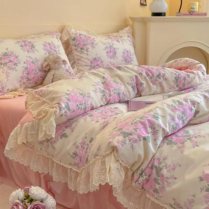 Korean Princess Floral Lace Ruffle Cotton Bedding Collection - Luxurious Single/Queen Duvet Cover, Sheet, and Pillowcase Set (3/4 Pieces)