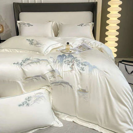 Elegant Chinese Landscape Embroidery Luxury Bedding Set - Silky Duvet Cover, Soft Quilt Cover, Bed Sheet & Pillowcases for 2024