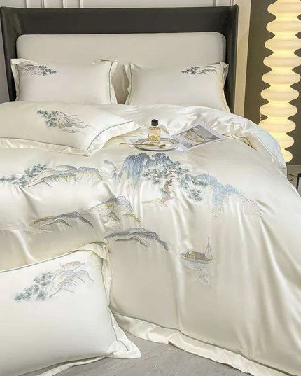 Elegant Chinese Landscape Embroidery Luxury Bedding Set - Silky Duvet Cover, Soft Quilt Cover, Bed Sheet & Pillowcases for 2024