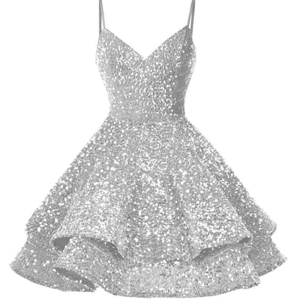 Sparkling Tiered Sequin Spaghetti Strap Short Cocktail Dress for Young Women