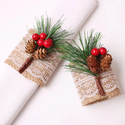 4PCS Christmas Cedrus Table Napkin Ring, Jute Lace Napkin Buckle,Crafts Holder Handmade Party Dinner New Year Decor 4pcs-christmas-cedrus-table-napkin-ring-jute-lace-napkin-buckle-crafts-holder-handmade-party-dinner-new-year-decor