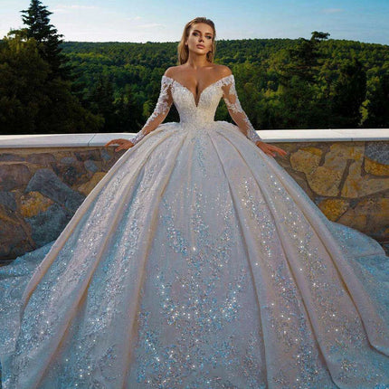 Off The Shoulder V-Neck Long Sleeve All Over Shiny Beaded Sequins Princess Ball Gown