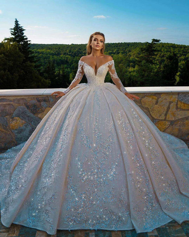 Off The Shoulder V-Neck Long Sleeve All Over Shiny Beaded Sequins Princess Ball Gown