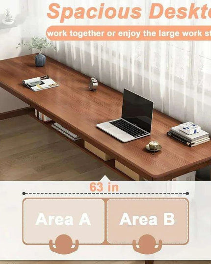 63" Elegant Mid Century Modern Solid Wood Office Desk with Storage Shelf - Walnut Finish