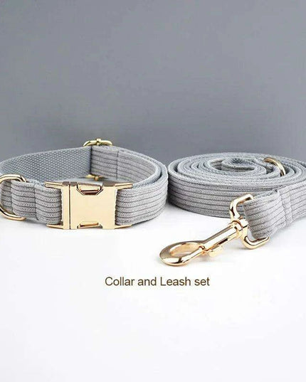 Personalized Light Grey Corduroy Dog Collar and Leash Set with Stylish Accessories