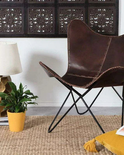 Retro Brown Leather Butterfly Chair with Sturdy Iron Frame for Stylish Comfort