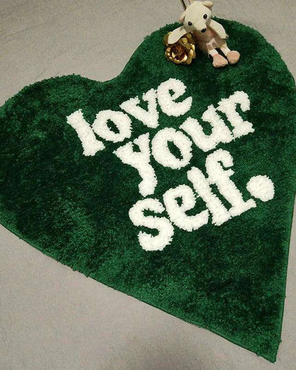 Luxurious Green Heart Shag Area Rug - Soft, Non-Slip Flocking Doormat