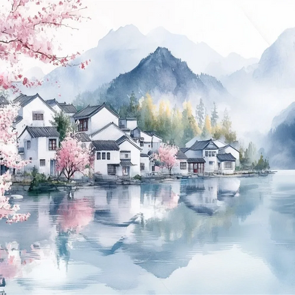 Mountain Lake Cherry Blossom 3D Mural Wallpaper