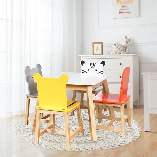 5 Piece Kiddy Table and Chair Set , Kids Wood Table with 4 Chairs Set Cartoon Animals（2-7 years old）