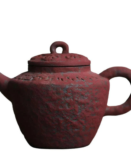 Inspirational Ochre Red Artisan Mini Tea Kettle with Decorative Scripture Embossing