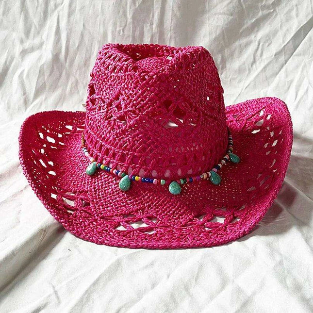 Rose Red Cowboy Straw Hat - Adjustable Wide Brim Sun Hat for All Seasons