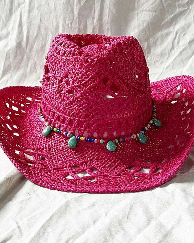 Rose Red Cowboy Straw Hat - Adjustable Wide Brim Sun Hat for All Seasons