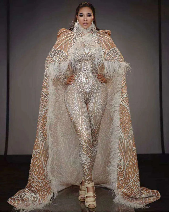 Dazzling Feathered Performance Outfit: Custom 3D Printed Jumpsuit with Stretch Bodysuit