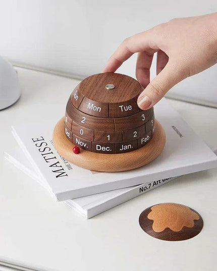 Artisan Black Walnut Planet Calendar Sculpture - Chic Accent for Home and Office