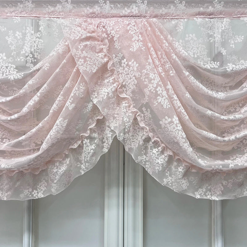Pink Flower Ripple Sheer Lace Curtain Valance – Rod Pocket, Custom Width