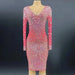 Ladies' Pink Rhinestone Embellished Long Sleeve Bodycon Mini Dress for Birthday Celebrations