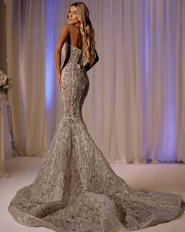 Radiant Crystal-Embellished Mermaid Bridal Gown with Elegant V-Neck