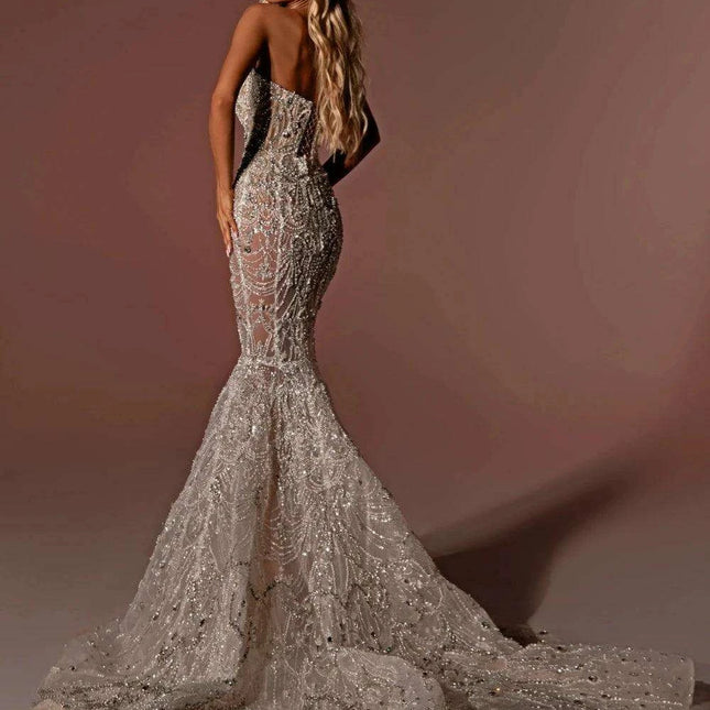 Radiant Crystal-Embellished Mermaid Bridal Gown with Elegant V-Neck