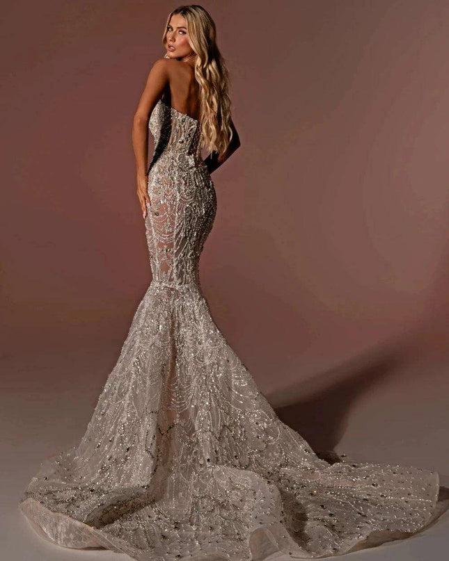 Radiant Crystal-Embellished Mermaid Bridal Gown with Elegant V-Neck