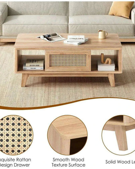 Stylish Rattan-Infused Wooden Coffee Table - Essential for Modern Living Spaces