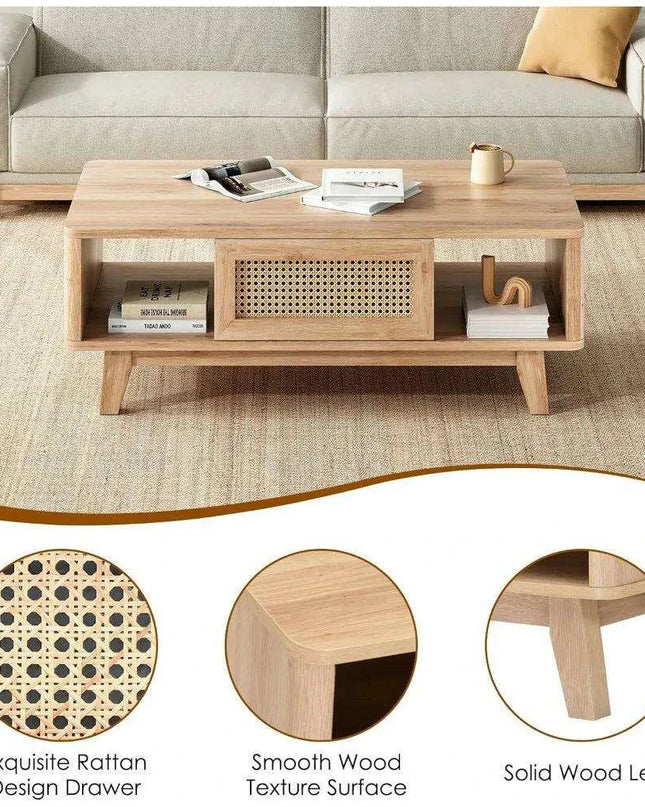 Stylish Rattan-Infused Wooden Coffee Table - Essential for Modern Living Spaces