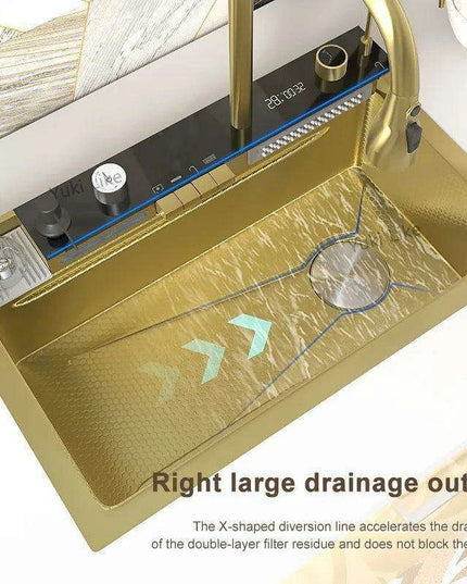 Sophisticated Golden Stainless Steel Kitchen Sink with Generous Embossed Basin - Contemporary Design & High Efficiency