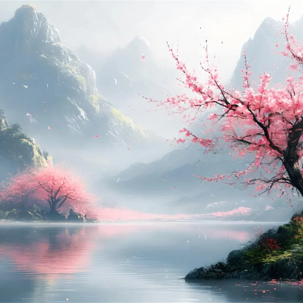 Mountain Lake Cherry Blossom 3D Mural Wallpaper