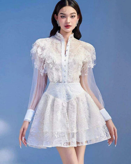 Elegant Pearl Flower Lace High Waist Mesh Dress with Stand Collar for Women