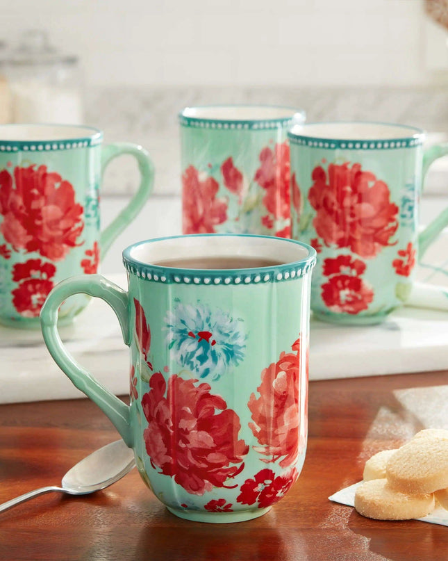 Floral Delight Stoneware Mug Set - 23 fl oz, 4-Piece Collection