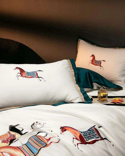 Elegant Galloping Horse Embroidered Egyptian Cotton Bedding Set in White and Orange - Complete Duvet Cover, Bed Sheet, and Pillowcase Collection
