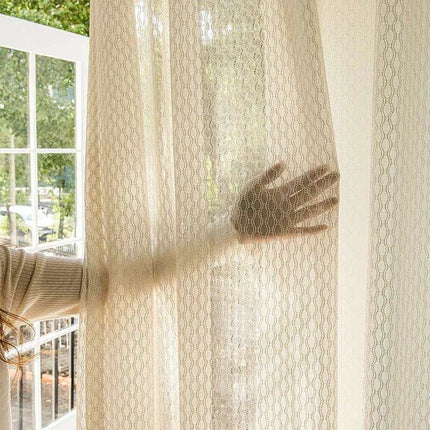 Beige Bohemian Cotton Linen Window Treatments with Grey Tulle