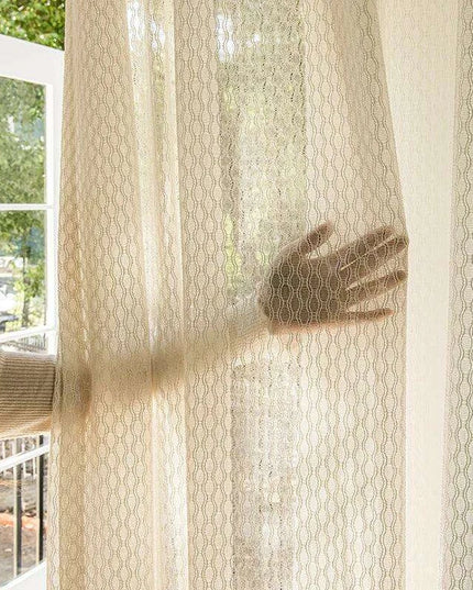 Beige Bohemian Cotton Linen Window Treatments with Grey Tulle