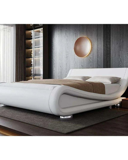 Chic White PU Leather Full-Size Bed Frame with Adjustable Sleigh Headboard for Ultimate Comfort