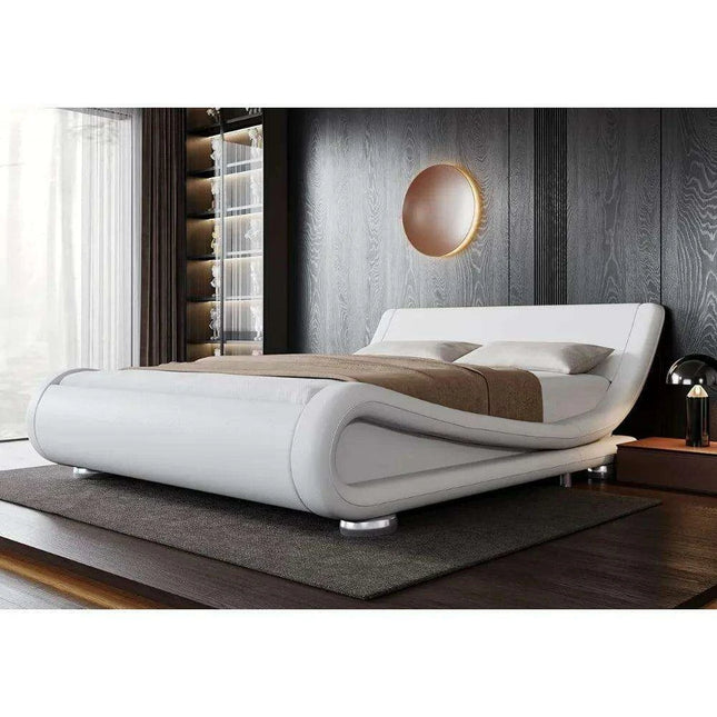 Chic White PU Leather Full-Size Bed Frame with Adjustable Sleigh Headboard for Ultimate Comfort