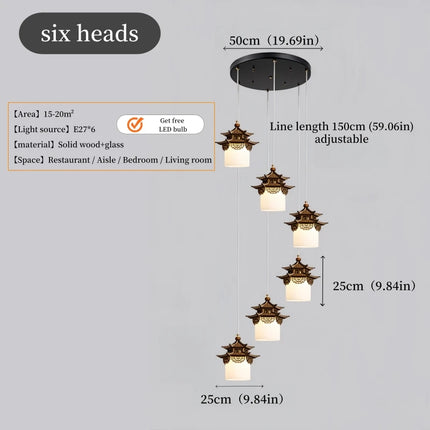 Solid Wood & Glass LED Pendant Light — Oriental Design, E27, Tri-Color