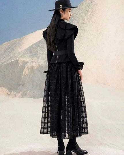 Chic Black Coat and Tulle Skirt Set with Floral Detail for Women - Fall 2024 Collection 13DB1739