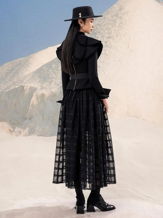 Chic Black Coat and Tulle Skirt Set with Floral Detail for Women - Fall 2024 Collection 13DB1739