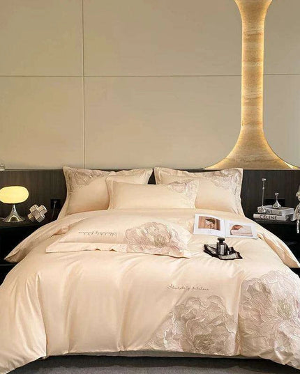 Elegant Floral Embroidery Cotton Bedding Collection - 4-Piece Duvet Cover Set with Sheets and Pillowcases in Soft Pink, Gray, and Blue