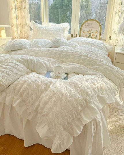 Luxe Korean Princess Lace Ruffle Bedding Ensemble with Duvet Cover, Bed Sheet, Skirt, and Pillowcases